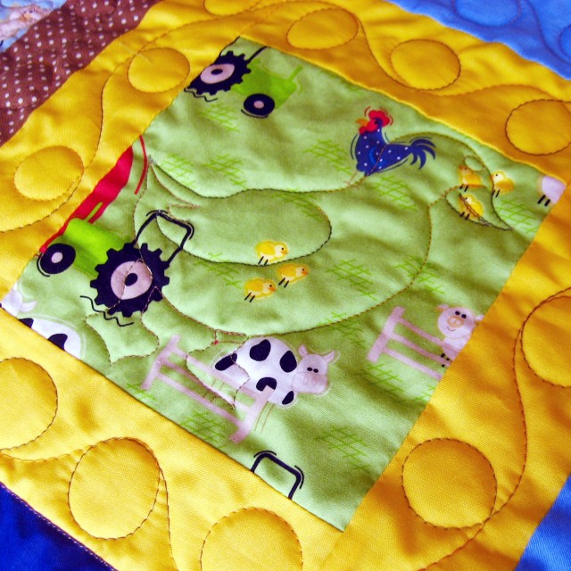 Close up of front showing duck quilting.
